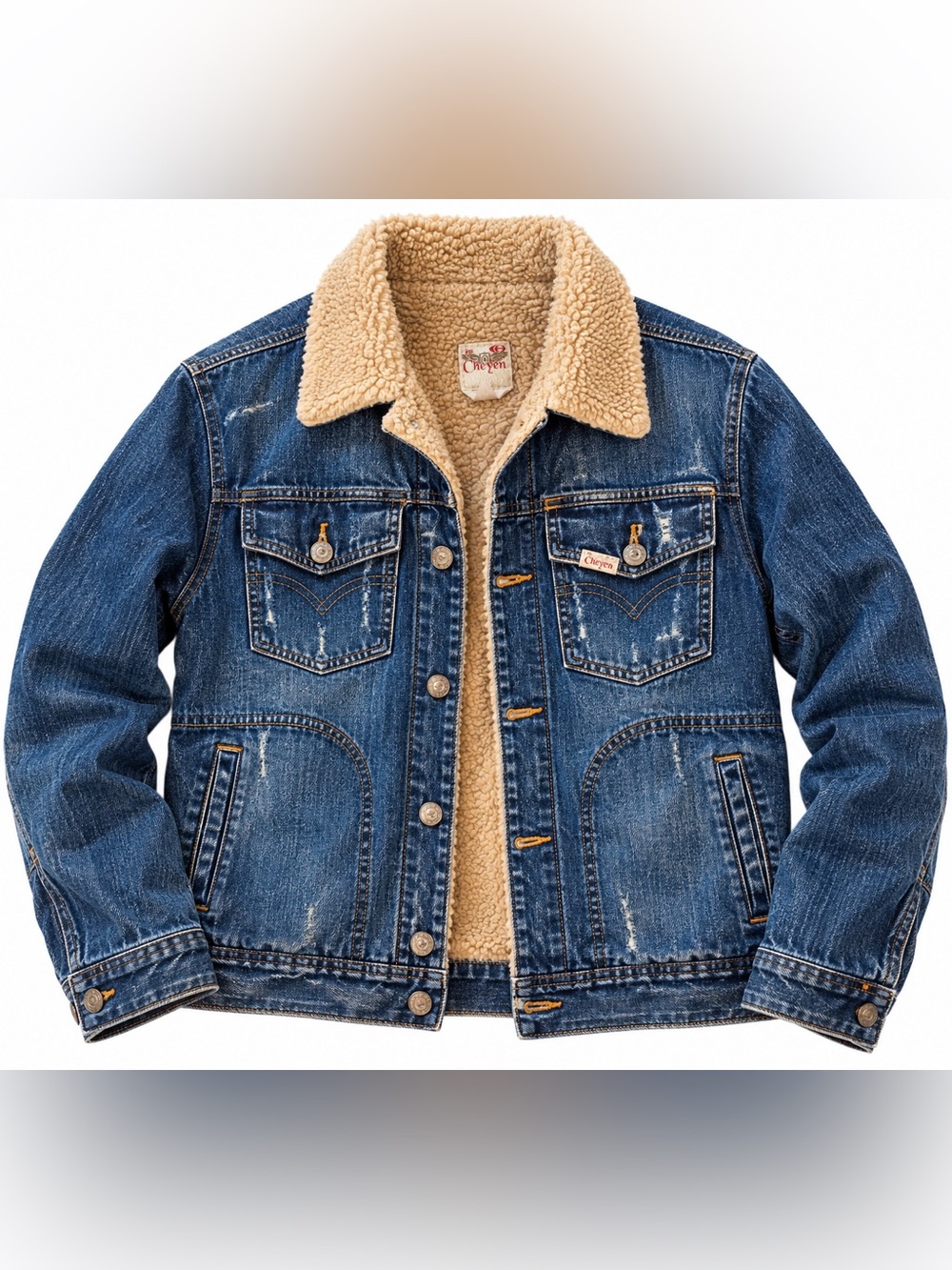 Cheyenne Y2K Sherpa Lined Denim Trucker Jacket Distressed Workwear Western
